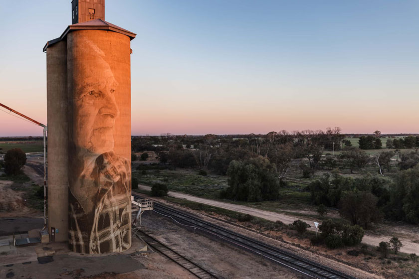 Melbourne artist Rone’s mural on a silo at Lascelles